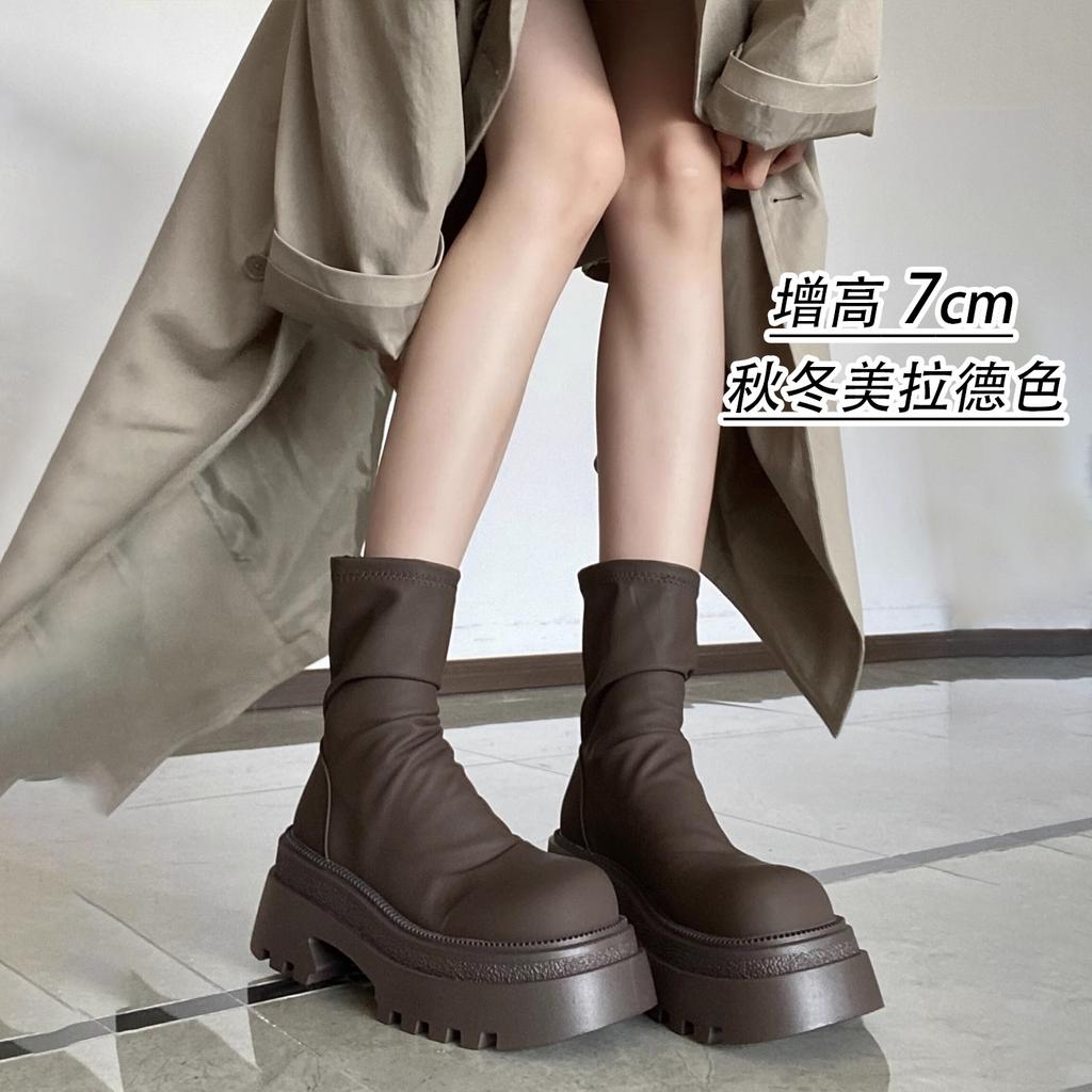 Kurze Stiefel Damen Dicksohlige Elastische Stiefel 2025 Herbst Neu Dünne Stiefel Vielseitige und Schlankmachende Stacking-Stiefel Kleine Damenstiefel