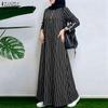 ZANZEA Women Muslim Casual Round Neck Loose Long Sleeve Stripe Print Long Dress