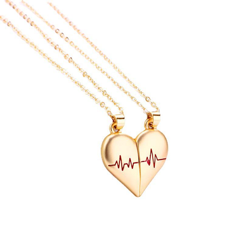 Magnetic Love ECG Couple Pendant Necklace - Unique Design with Clasping Hearts