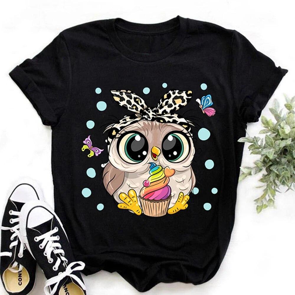 New Tops Trend Cute Owl Women Print Harajuku Ladies T-shirt Casual Basics O-collar Black White Shirt Short Sleeve Ladies T-shirt