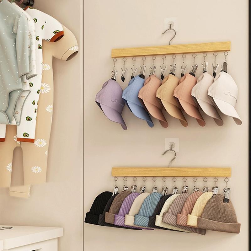6/10 Clips Hat Holder,Household Multifunctional Organizer for Cap Socks Towel,Household Wooden Hats Hanger for Closet Storage