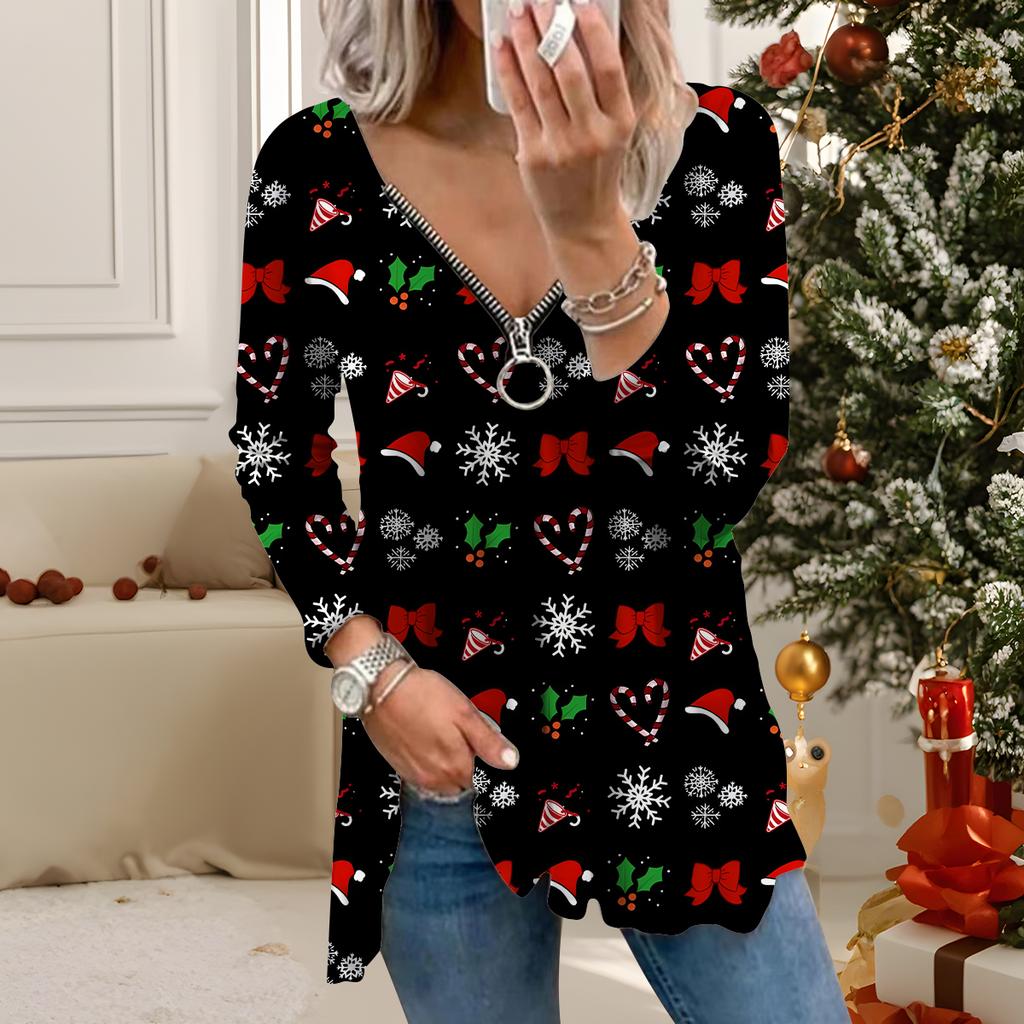 Damer Høst Jul Trykte Langermet T-skjorter Løse V-hals Pluss Størrelse T-skjorte Topper Komfortabel Bluse