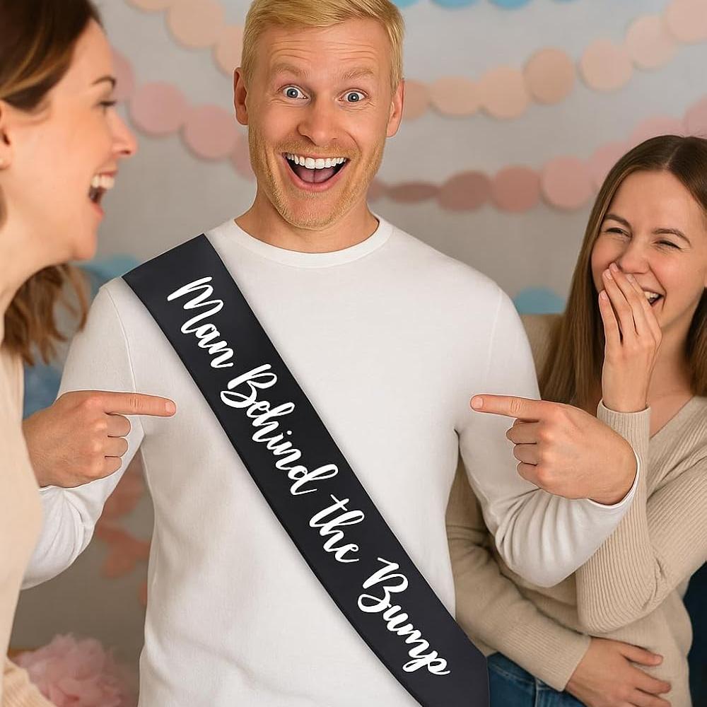 Man Behind The Bump Sash for Daddy To Be Baby Shower Party Decorations Gifts Supplies Gender Reveal Pregnant New Father Favors