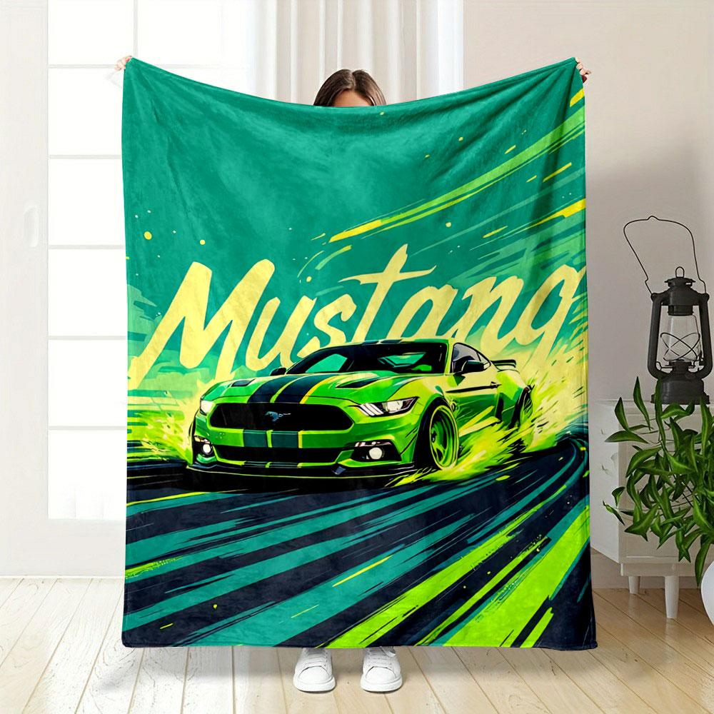 Green Mustang Drifting with Dynamic Streaks and Bold Typography Design. for All Seasons Blanket Lunch Break Throw Gift