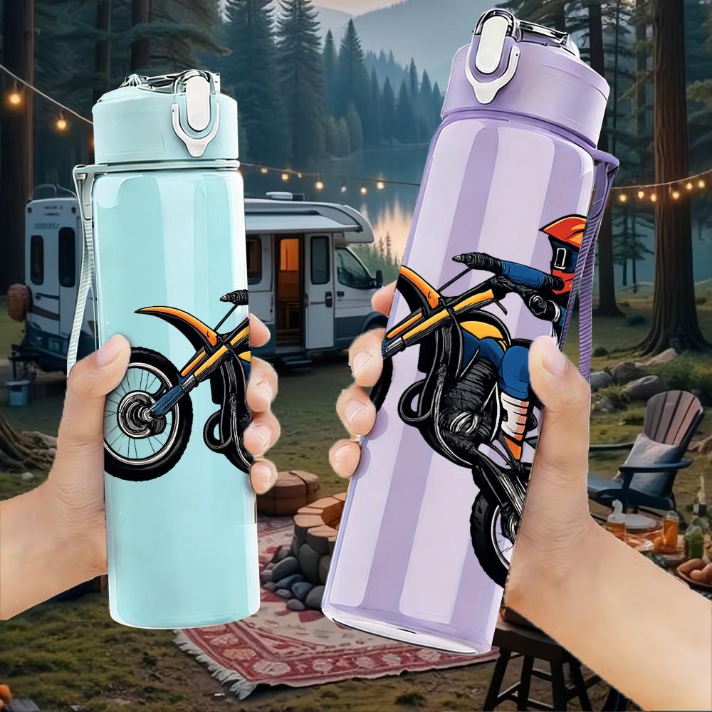 1PC Off Road Motorcycle Rider Pattern 750ml Color Plastic Sports Water Bottle Leakproof Flip Straw Lid Suitable for Sports Office Home Use