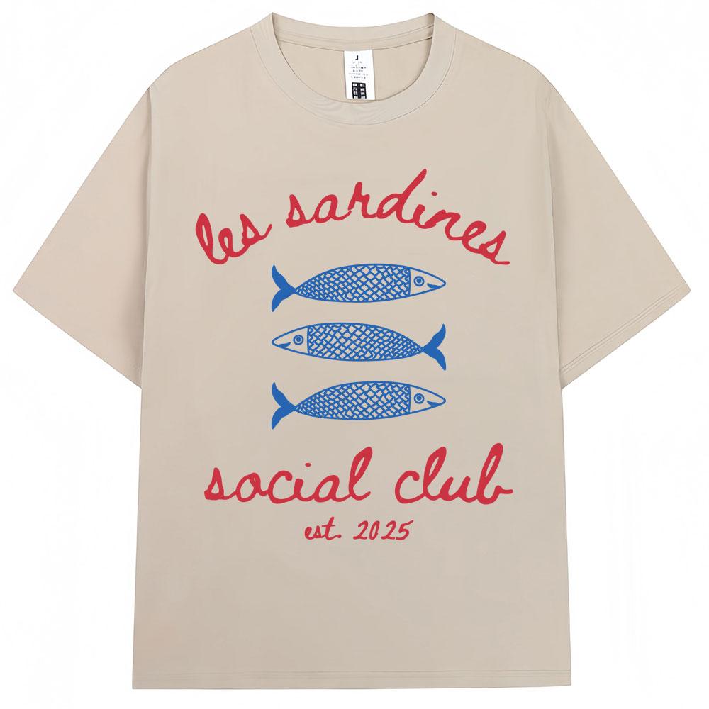 Les Sardines Social Club Graphic T Shirt Summer Fashion Vintage   Short Sleeve Oversized Cotton Casual Tees Streetwear