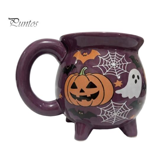 Large Handle Witch Pot Mug Halloween Cauldron Coffee Mug, 360ml Ghost Pumpkin Spider Web Pattern Cute Teacup Ceramic Cup, Spooky Drinkware for Party,