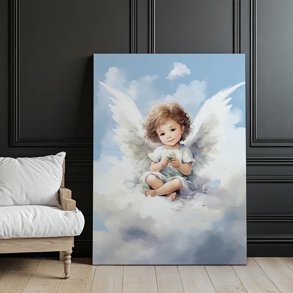 Charming Little Angel On a Cloud Charming Little Angel On a Cloud, 50X70 Cm, Light Oak Wooden Frame, Matte Paper 230 Gsm