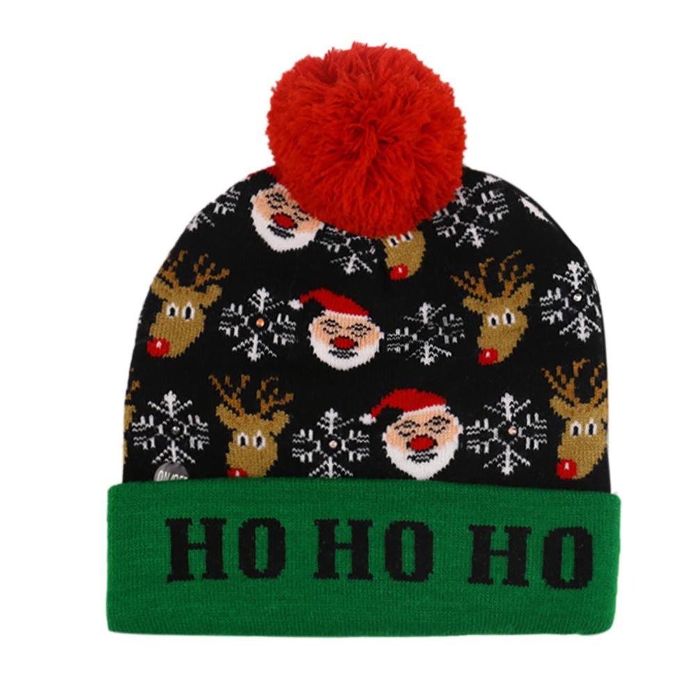 Christmas Knitting Hat Colorful LED Light Wool Ball Snowman Snowflake Elk X-mas Tree Beanies