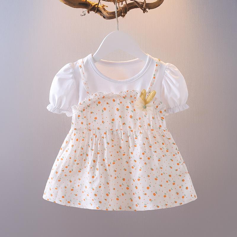 Toddler Girls Summer Fake Two Piece Short Sleeve Dress Baby Princess Casual Sundress For Little Kids 80cm