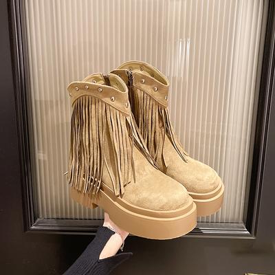 Fashion Women's Ankle Boots Tassels Side Zipper Outdoors Wear Resistant 2024 Autumn Winter Casual Comfortable Square Heel Female Boots
