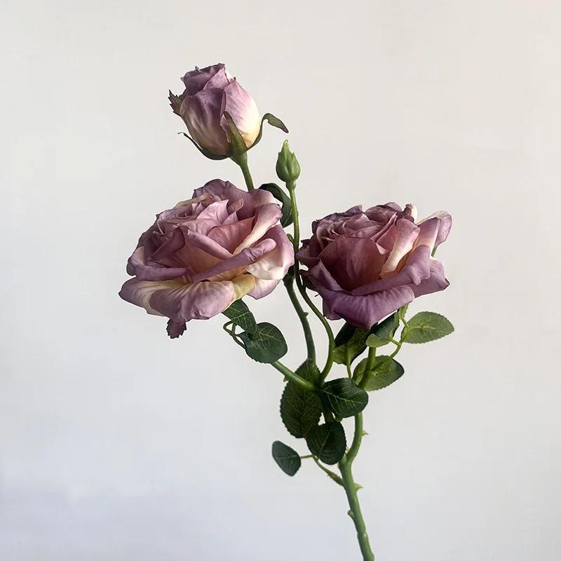 1pc Vintage Fake Flower Elegant Multi Head Rose Flower Simulation Flower Dramatic 3-Head Burnt Edge Rose For Living Room Centerp