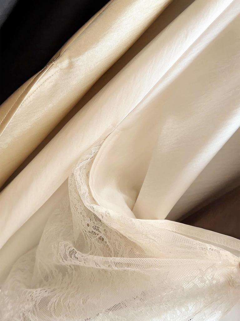 Women's High Waist Lace Patchwork A-Line Satin Skirt - Spring/Summer, Side Slit, Long Skirt