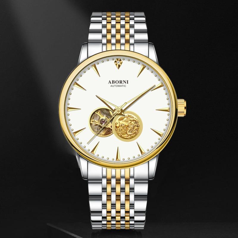 ABORNI Automatic Mechanical Watch Skeleton Gold Dragon Waterproof Luminous Diamonds Men's Watch