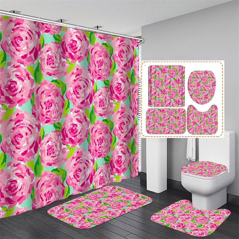 20 barev Rose Print 3D sprchový závěs s háčky Vodotěsný Koupelnový závěs Protiskluzová sada podložek do vany Toaletní koberečky Koberec Domácí dekorace
