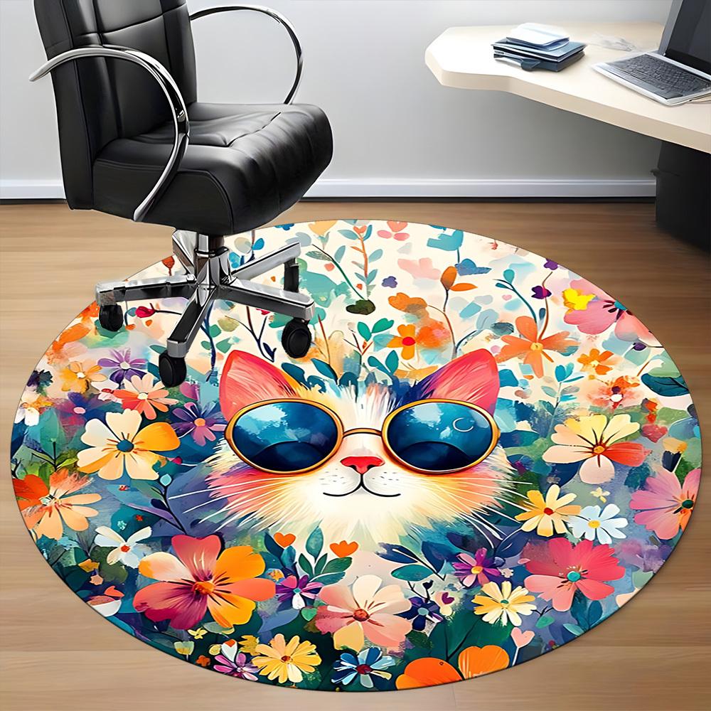 1pc Floral Cat Office Round Rug, Non-slip, Soft and Durable Office Rug for Interior Decoration, Perfect for Office,Decoration yy260204077