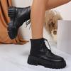 Black Chunky Platform Motorcycle Boots Women Wide Foot Pu Leather Lace Up Ankle Boots Woman Plus Size 42 Thick Sole Short Botas