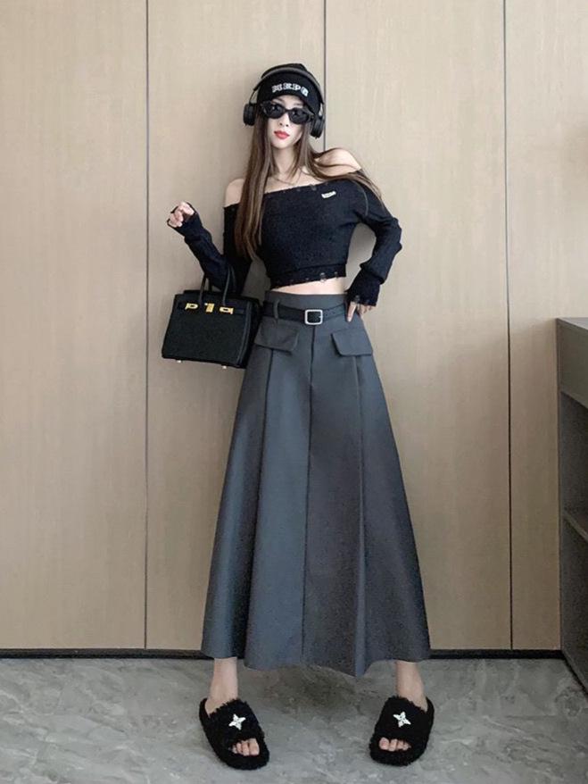 Women s Gray A-Line Pleated Skirt - High Waist, Mid-Length, Wide Hem, Spring Design 4XL серый