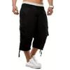 Summer Men's Black Cargo Capri Pants Multi-Pocket Elastic Waist Casual Knee-Length Shorts