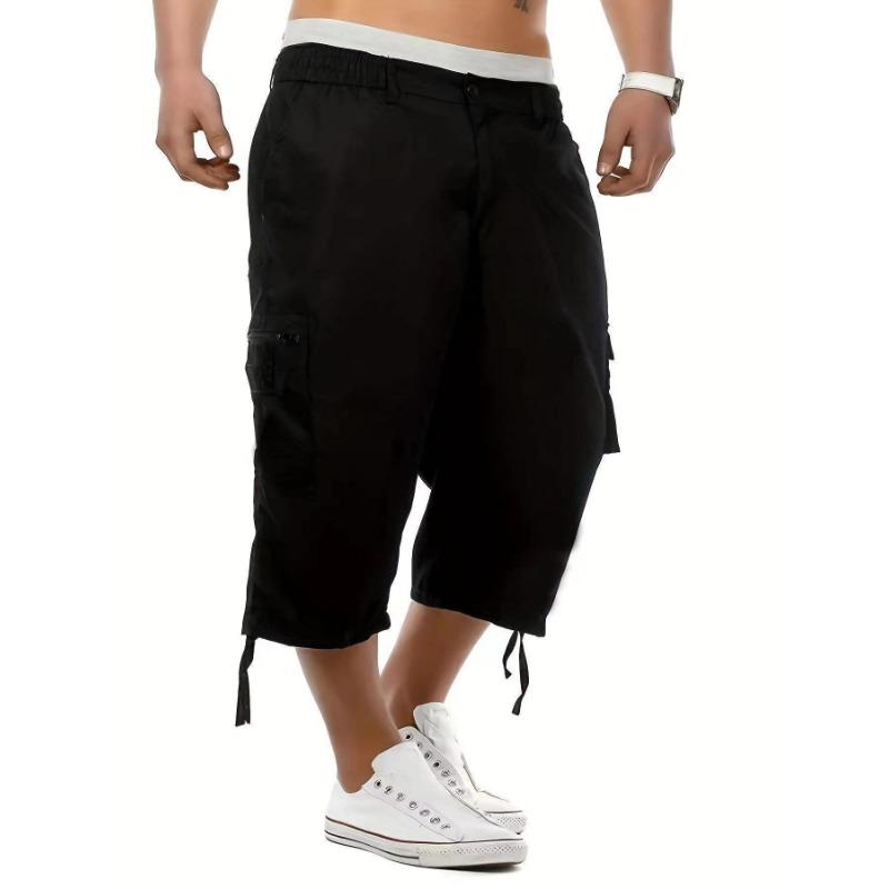 Summer Men's Black Cargo Capri Pants Multi-Pocket Elastic Waist Casual Knee-Length Shorts