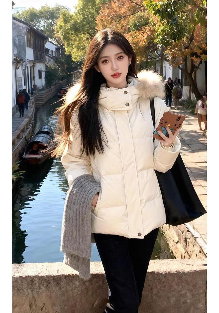 2026 Women's Slimming Hooded Cotton Jacket with Fur Collar - Winter Fit, Thickened, Petite Outerwear