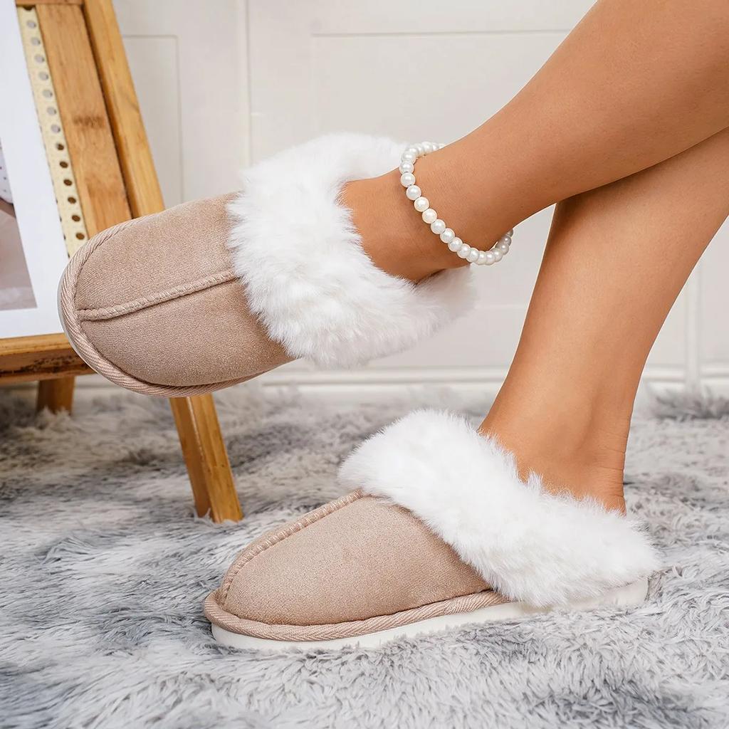 Fashion Closed Toe Warm Cotton Slippers Women Faux Fur Thicken Plush Winter Home Shoes Woman Lightweight Casual Indoor Slides Female