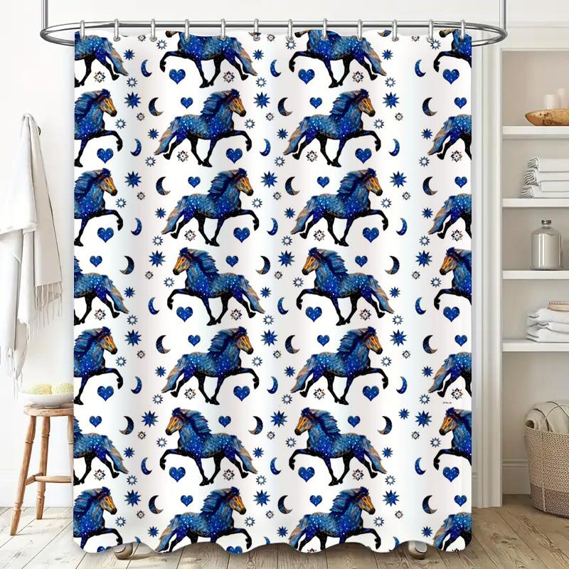 Blue Floral Horse Shower Curtain Set Decorative Waterproof Bath Mat Bathroom Accessories White Blue Pattern Design (180 x 240cm)