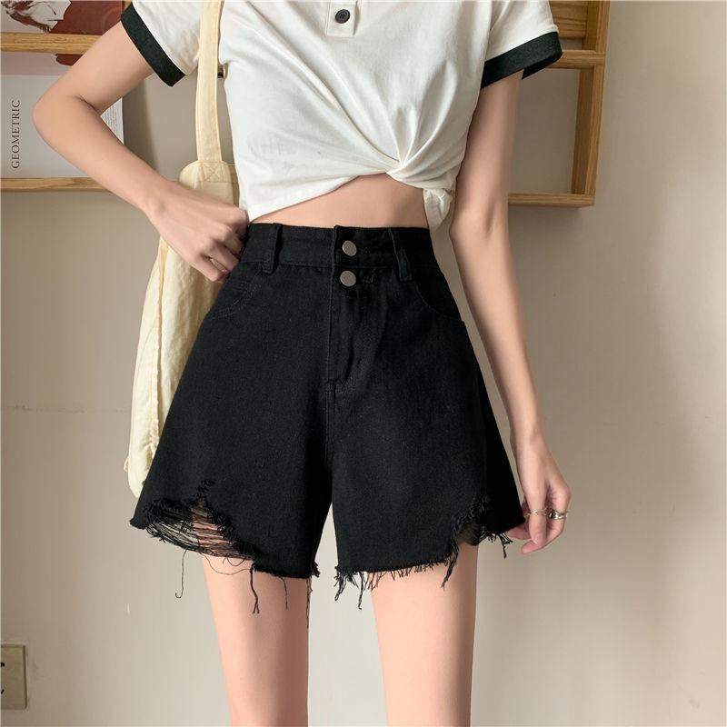 

Классические и минималистичные модные универсальные женские летние шорты с высокой талией, тонкие, свободные, широкие, с дырками, с надписью «A Word», джинсовые шорты, индивидуальность, трендовость 2XL чёрный