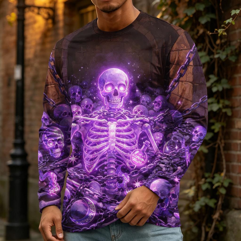 Men's Halloween Print Long Sleeve Neck T-Shirt Loose Fit Casual Top