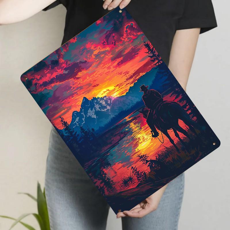 

Western Cowboy Mountain Sunset Scenery Metal Tin Sign Home Decor Living Room Bedroom Wall Art Hanging Painting 20x30cm（7.8x11.8inch）