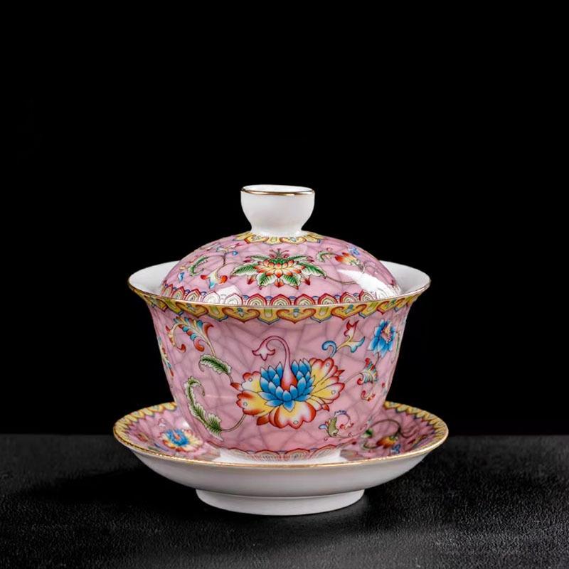 Large Ceramic Teapot Set with Hand Painted Flowers Home Tea Brewing Kungfu Tea Kit with Handle