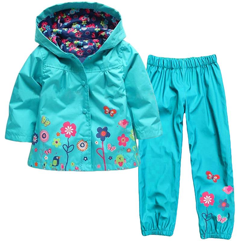 Mädchen Regenmantel für Frühling und Herbst, winddicht, mit Kapuze, Schlagjacke, lange Hose, zweiteiliges Set
