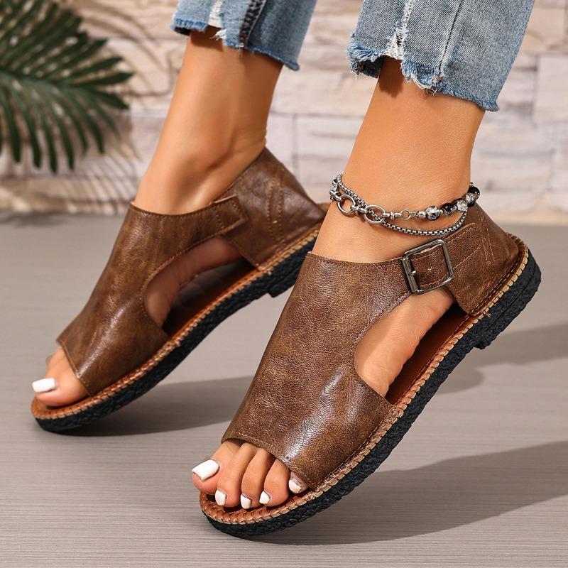 

New Flat Beach Shoes, Open-toe Buttoned Large-sized Sandals for Women 43 кофейный