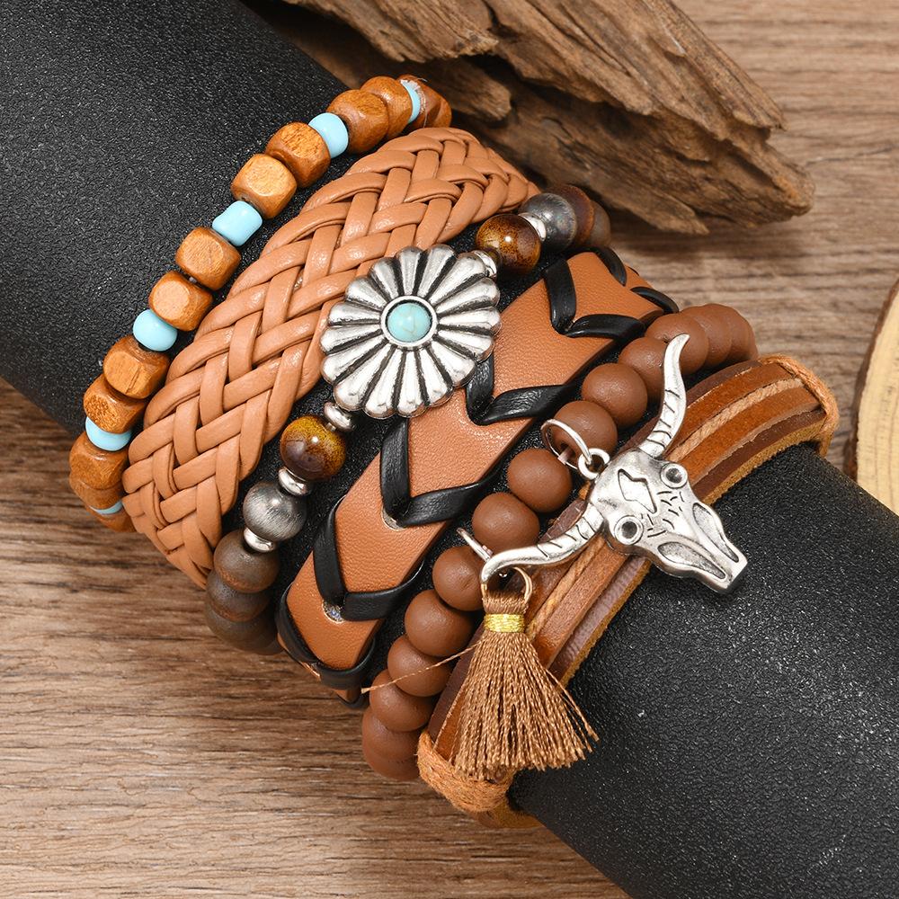 Leather Bracelets for Men Women Handmade Wrap Woven Cuff Bracelets Wooden Beaded Bracelets Vintage Ethnic Tribal Wristbands Bracelet Set Adjustable