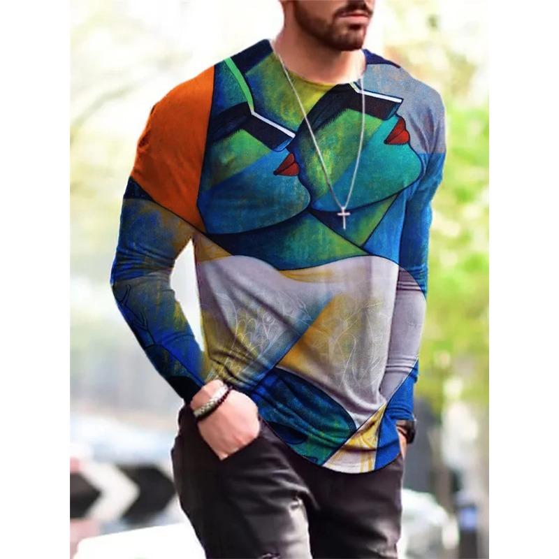 Módní vícebarevné lakované tričko s 3D potiskem Podzimní trend Street Prodyšné Harajuku Ležérní Pánská trička s dlouhým rukávem