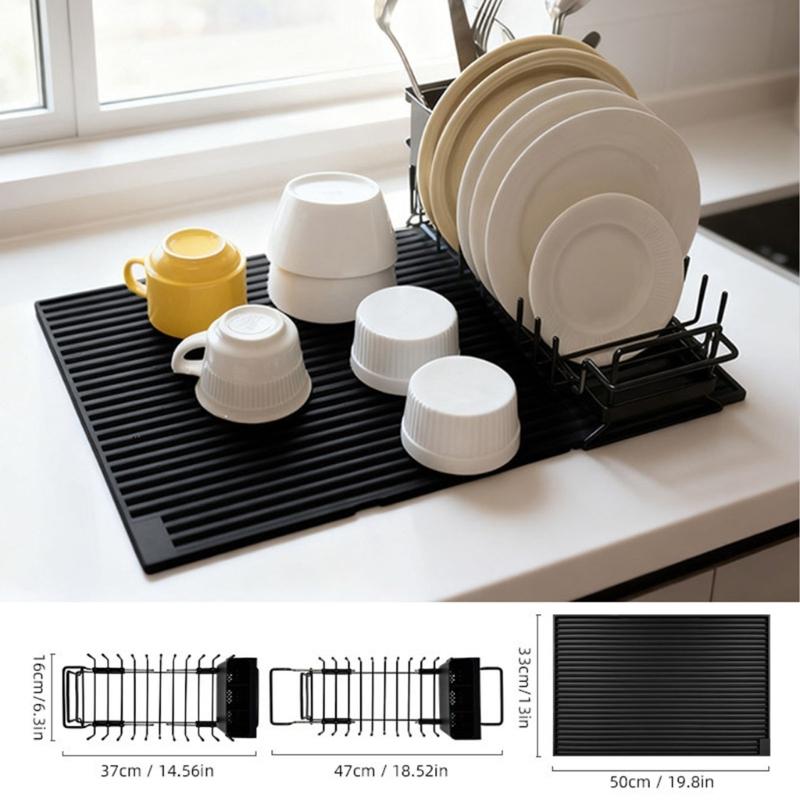 Adjustable Metal Dish Drainer Rack And Silicone Drying Mat Cutlery Holders For Compacts Kitchen Sink Organization Storage