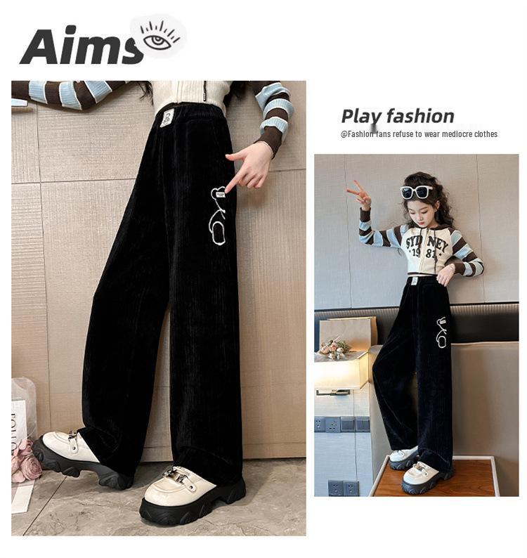 Girls' Fleece-Lined Cartoon Bear Wide-Leg Pants for Autumn/Winter