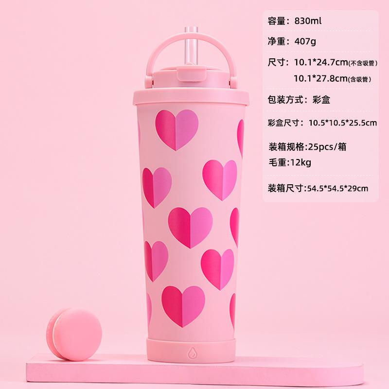 Edelstahl Thermobecher mit Strohhalm, Milchteebecher, Kaffeebecher, Valentinstagsset, Tragbarer Griff Sportwasserbecher