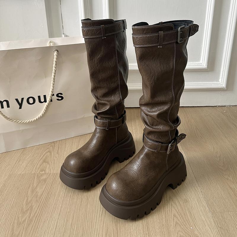 

Зимние женские высокие сапоги-рыцари на платформе, увеличивающие рост, лаконичные туфли с пряжкой, панк, винтажные длинные ботильоны De Muje 35