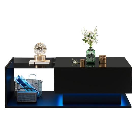 Hochglanz Schwarzer Couchtisch 100x50x32cm, mit Glasplatte und Schubladen, Kratzfest, mit 1 Schublade, LED-Licht, Modern