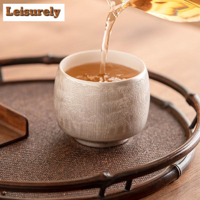 High End 999 Gilded Silver Ceramic TEACUP Green Bamboo Pattern Master Cup Personal Tea Bowl Special Chazhan Teaware Drinking