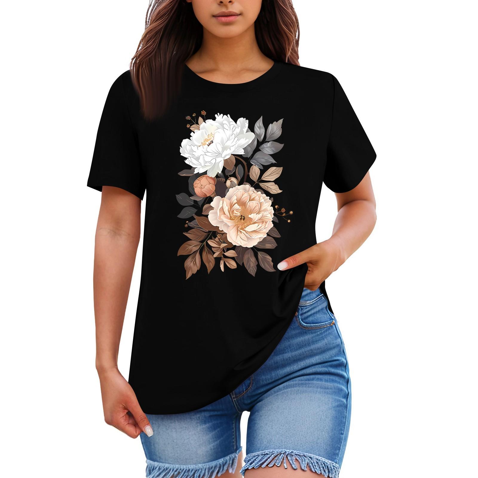 

Женская свободная удобная повседневная модная футболка с принтом растений и цветов, круглым вырезом и короткими рукавами XL чёрный