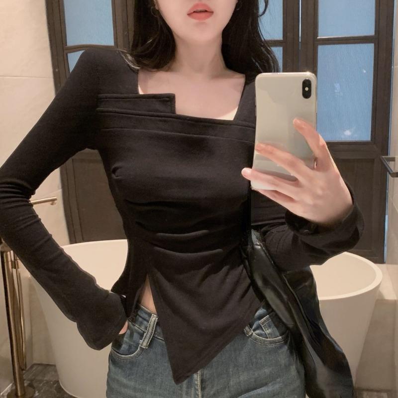 Irregular T Shirt for Women Spring Slim Crop Top Korean Style Long Sleeve Tees Y2k Solid Ladies Tshirts Femme Clothing 2024 New
