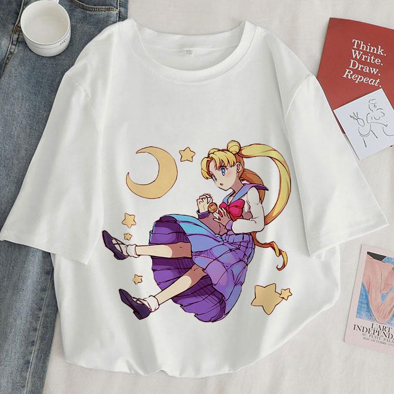 Camiseta con estampado Kawaii de Anime japonés para mujer, remera Harajuku de estética blanca y rosa, camiseta para mujer 2022