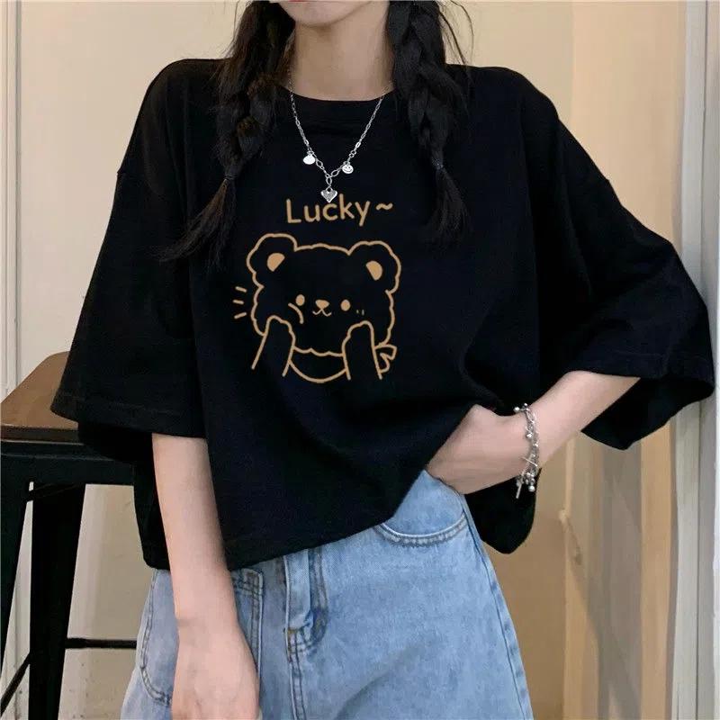 Summer Cotton Fashion Short Sleeved T-shirt Women's Black Lazy Style Small Loose Short Top