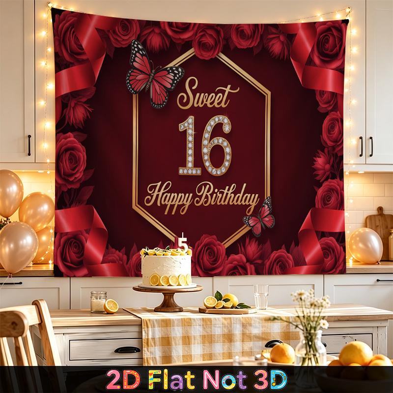 1pc Birthday 16th Rose Floral Luxury Party Banner Red