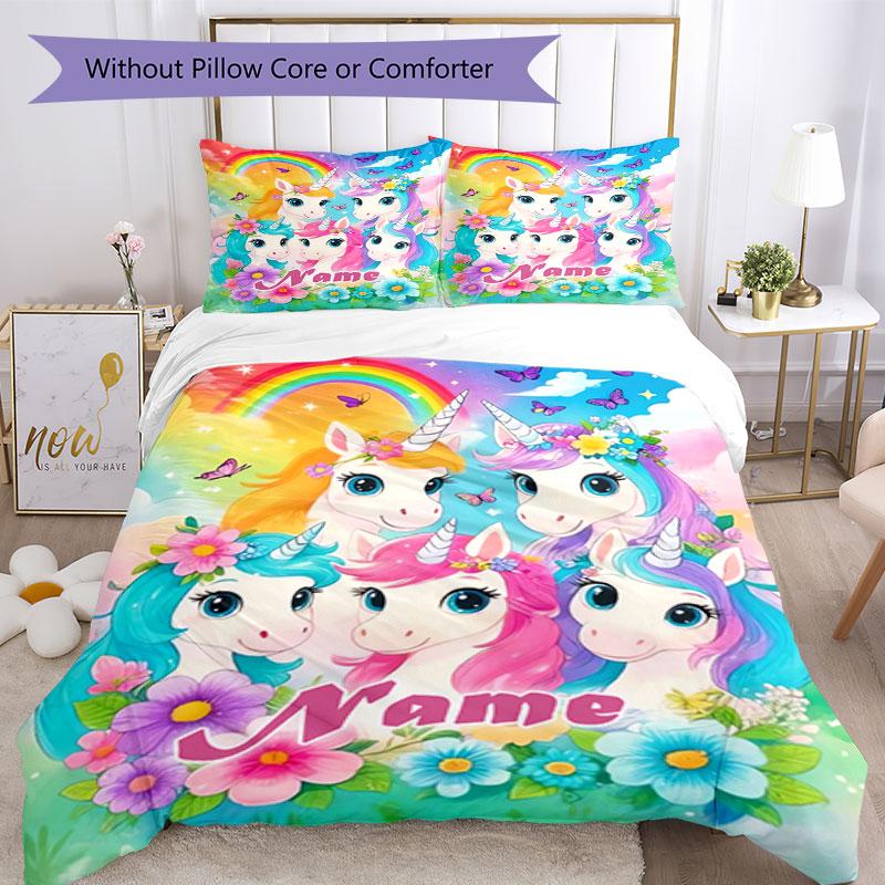 3PC Custom Name Rainbow Unicorns Fantasy Bedding Set Printed Bedding Set Duvet Cover Closure Includes 1 Duvet Cover & 2 Pillowcases for All Seasons Be