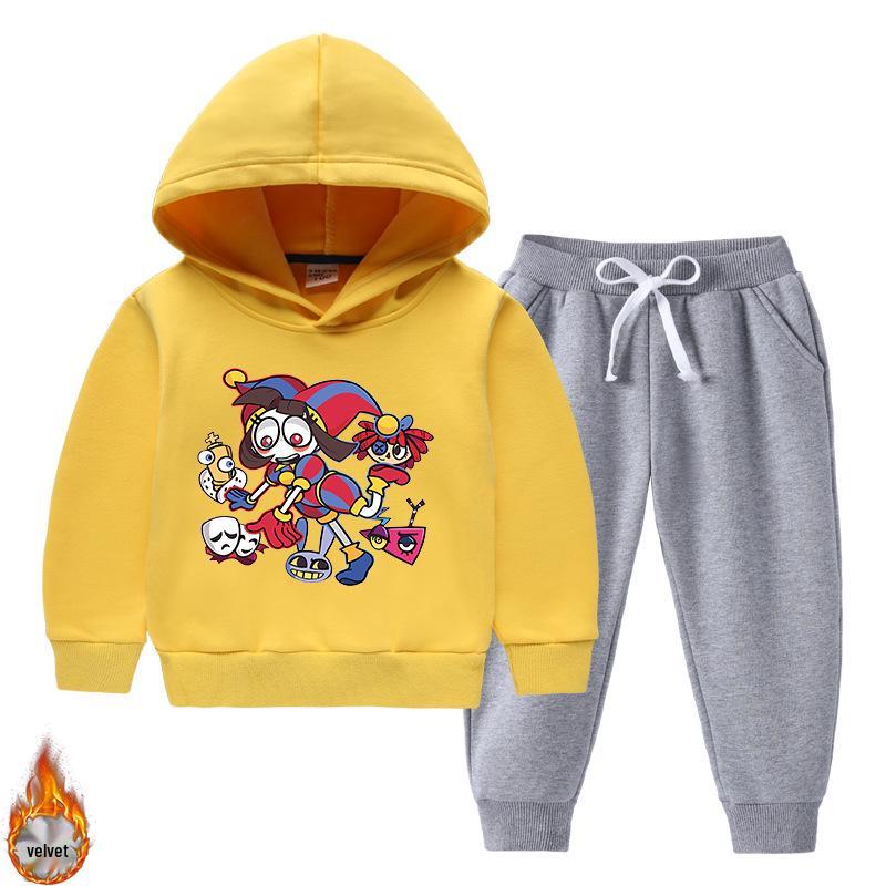 New Style Velvet-Enhanced Hooded Sweatshirt Two-Piece Set for Boys and Girls - Thick Warm Clothing for Autumn and Winter