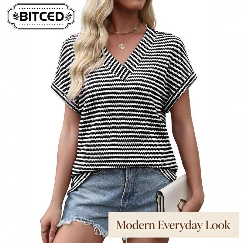 BITCED Women's Fashion Casual V-Neck Short Sleeve Blouses & Shirts