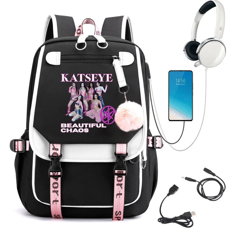 Rucsac Școlar KATSEYE cu Port de Încărcare USB, Bloc de Culori Negru Roz Violet, Rezistent la Apă, Capacitate Mare, Ghiozdan 60123-19